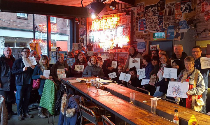 Photograph of urban sketchers in Leicester in January 2018