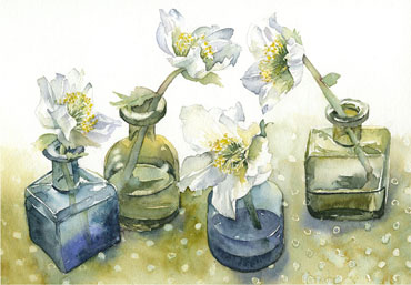 Hellebores in Ink Bottle Vases by Vivienne Cawson