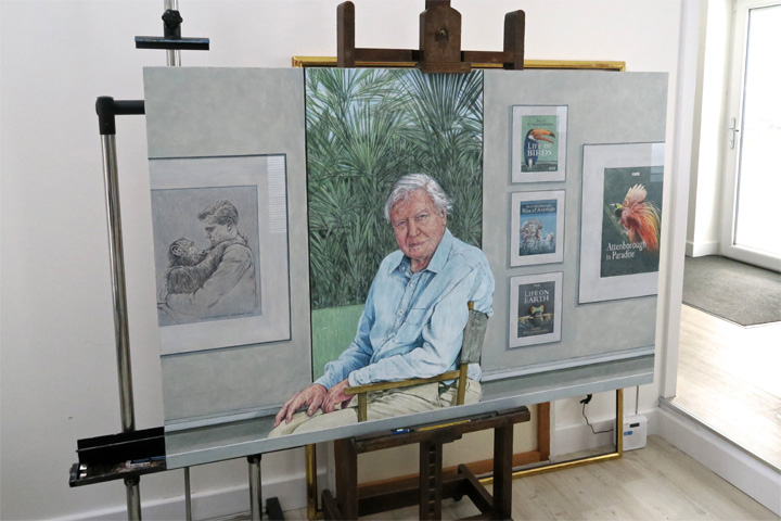 Portrait of David Attenborough in Bryan Organ's studio