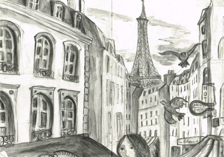 Paris Street scene, drawing by Jane Sunbeam
