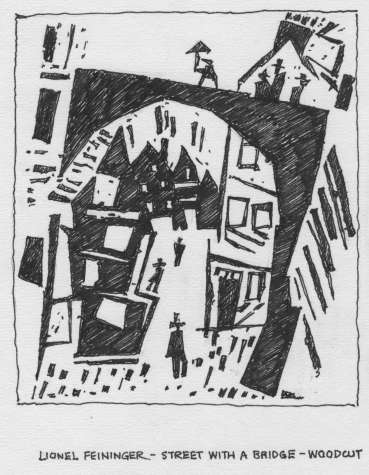 Thumbnail image of Drawing by Peter Sumpter for wall information display: Lyonel Feininger, Street under a Bridge, 1915, woodcut - 125 Years In The Making