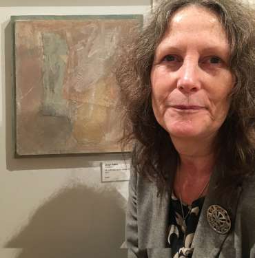 Thumbnail image of Jacqui Gallon&nbsp;with her work at The Open Exhibition - The Open Exhibition
