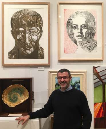 Thumbnail image of George Sfougaras with his work at The Open Exhibition - The Open Exhibition