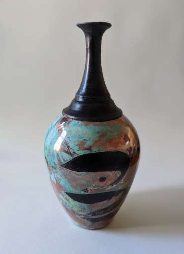 Thumbnail image of 049 | Nigel Gossage | Raku Vessel - long necked with wax resist decoration  - SOLD - LSA Annual Exhibition 2022 | Catalogue D - J