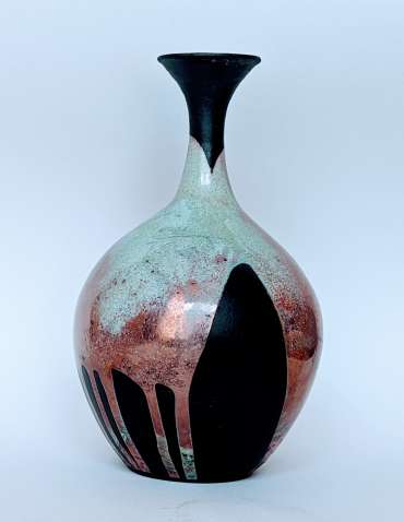 Thumbnail image of 048 | Nigel Gossage | Raku Vessel - green with copper flashing -  SOLD - LSA Annual Exhibition 2022 | Catalogue D - J