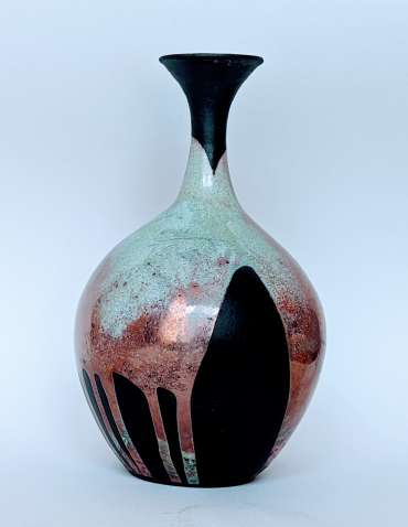 Thumbnail image of 048 | Nigel Gossage | Raku Vessel - green with copper flashing -&nbsp; SOLD - LSA Annual Exhibition 2022 | Catalogue D - J