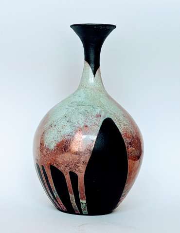 Raku vessel with long neck by Nigel Gossage