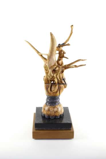 Samhain—This sculpture and the narrative punched in lead around the base portray the end of Summer, the Celtic New Year, and the Old Hag, which is the Witch of Winter coming. by Trevor Bent