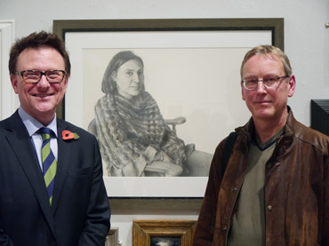 Thumbnail image of Chris Hailes of exhibition sponsors Charles Stanley with Andrew Jackson, winner of the Charles Stanley Silver Award in front of 'Johti' - Preview Evening: LSA Annual Exhibition 2016
