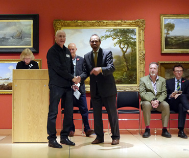 Thumbnail image of From left, Sarah Levitt, Geoffrey Beasley receiving the George Pickard prize from Cllr Piara Singh Clair, Jeremy Webster, Chris Hailes - Preview Evening: LSA Annual Exhibition 2016