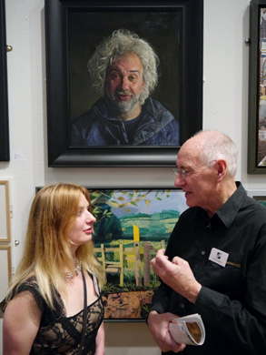 Thumbnail image of Maria Collingham and Geoffrey Beasley infront of his prize-winning work 'Mingus' - Preview Evening: LSA Annual Exhibition 2016