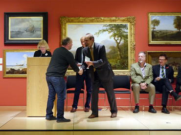 Thumbnail image of From left: Sarah Levitt, Graeme Hawes receiving the Guy Dixon Prize from Cllr Piara Singh Clair, Jeremy Webster, Chris Hailes - Preview Evening: LSA Annual Exhibition 2016