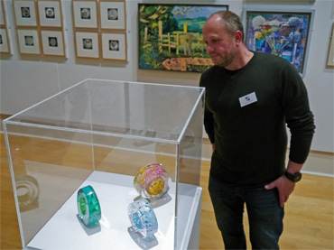Thumbnail image of Graeme Hawes with his prize-winning glass pieces - Preview Evening: LSA Annual Exhibition 2016