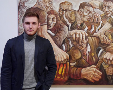 Thumbnail image of Samson Tudor, LSA Student Award Winner, infront of 'Land of Lost Content' - Preview Evening: LSA Annual Exhibition 2016