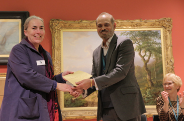 Thumbnail image of Cllr Piara Singh Clair presents the Henton Ellis Prize to LSA member Sarah Kirby - LSA Annual Exhibition 2017 Preview Evening