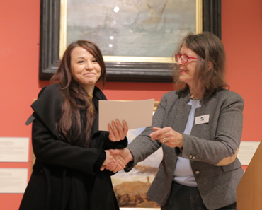 Thumbnail image of Suzanne Harry presenting the LSA Student Award Runner Up Prize to Stefania Laccu - LSA Annual Exhibition 2017 Preview Evening