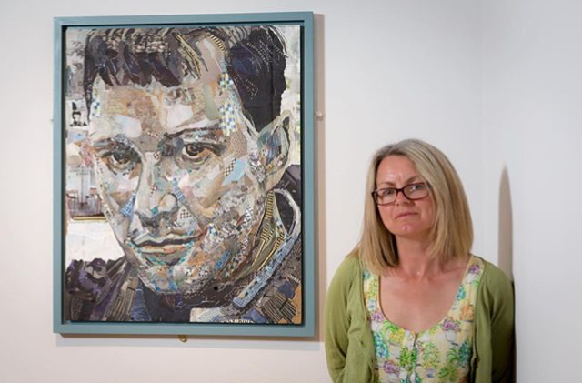 Danielle Vaughan infront of her portrait of Joe Orton