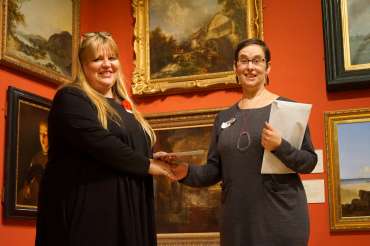 Thumbnail image of Winner of the Gadsby's Prize Sue Clegg with LSA Chair Ruth Singer - LSA Annual Exhibition - Preview Evening